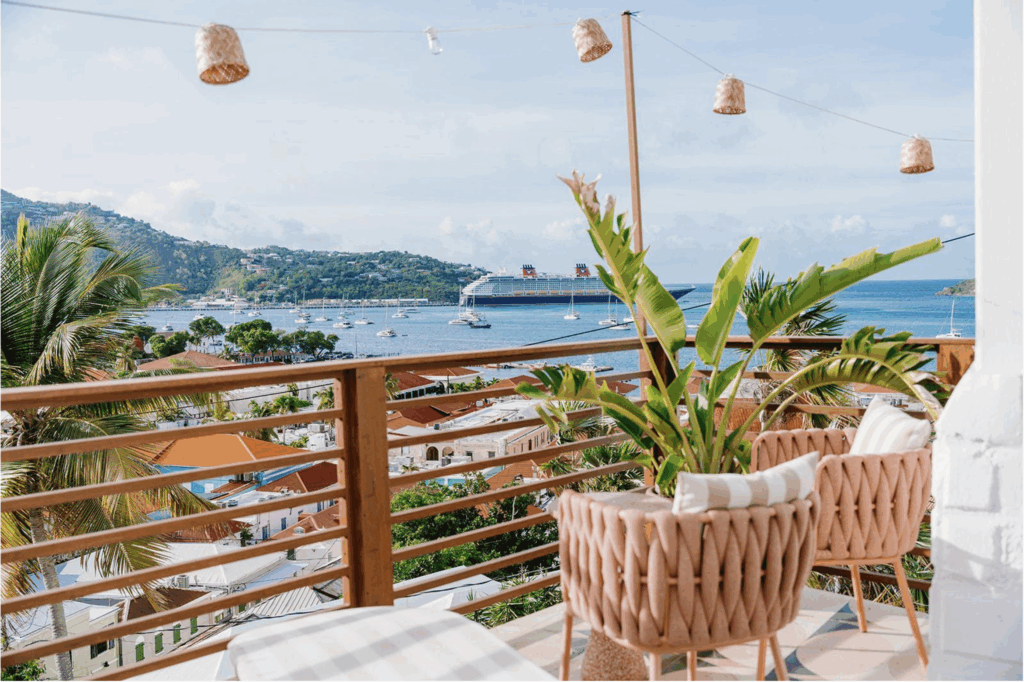 Deck chairs overlooking harbor